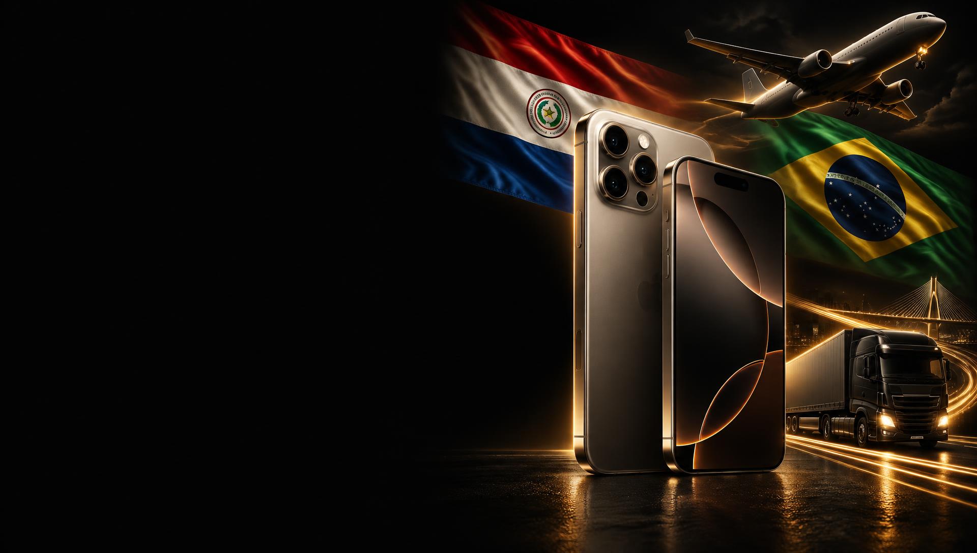 iPhones com bandeiras do Paraguai e do Brasil, avião e caminhão